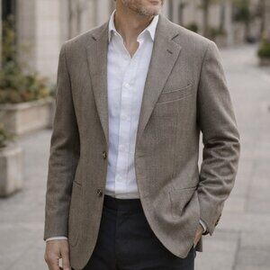Corneliani Cashmere Silk Taupe Olive Herringbone Blazer Sport Coat 56 IT 46R NWT